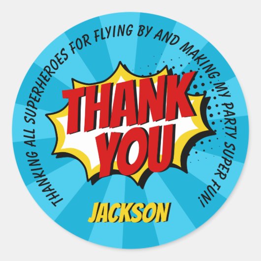 Superheld Comic Style Boy Birthday Blue Bedankt Ronde Sticker (Voorkant)