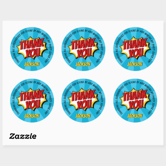 Superheld Comic Style Boy Birthday Blue Bedankt Ronde Sticker (Vel)