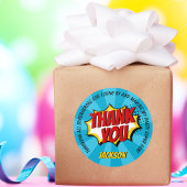 Superheld Comic Style Boy Birthday Blue Bedankt Ronde Sticker