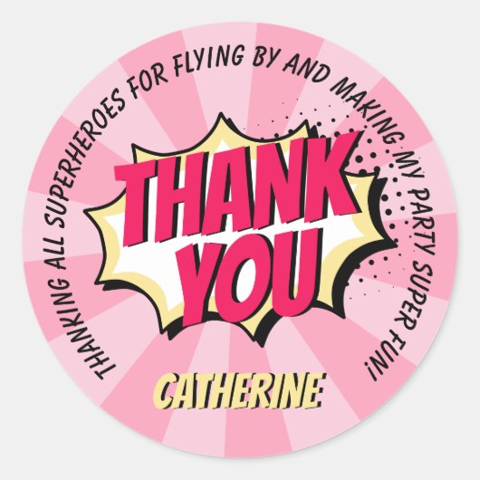 Superheld Comic Style Girl Birthday Pink Bedankt Ronde Sticker (Voorkant)