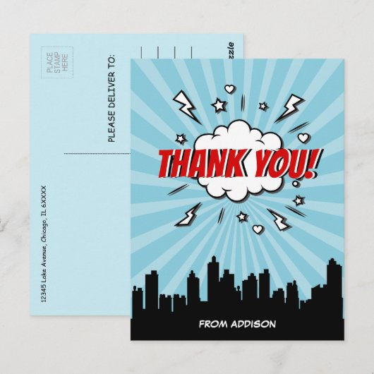 Superheld Comic Verjaardagsfeest Dank u Briefkaart (Voorkant / Achterkant)