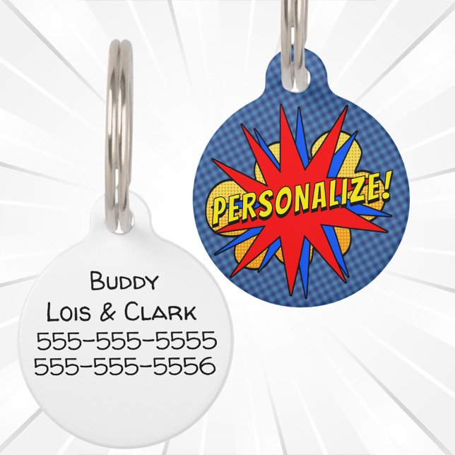 Superheld Custom Comic Book Dog ID Label Huisdierpenning (Fun personalized comic book style dog ID tag.)