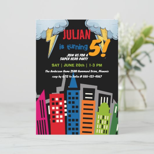 Superheld Dark City Building Thema Kinderen Verjaa Kaart (Staand voorkant)