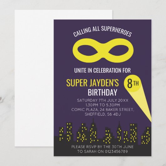 Superheld, de uitnodiging voor verjaardagsfeestjes (Voorkant / Achterkant)
