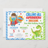 Superheld & Dinosaur Verzameluitnodiging Verjaarda Kaart (Voorkant)