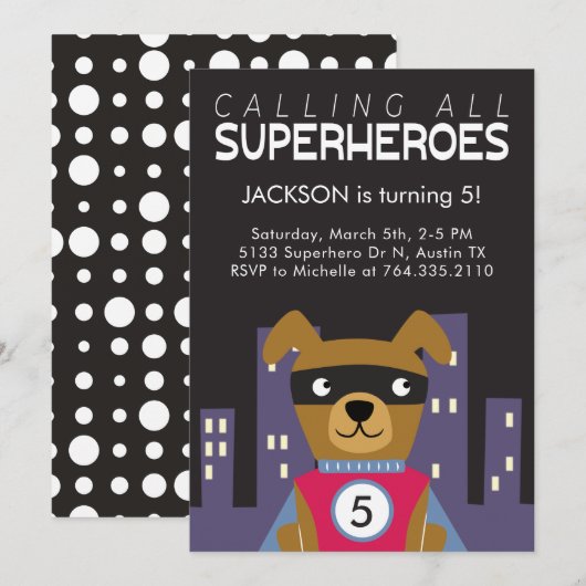 Superheld Dog Birthday Party Kaart (Voorkant / Achterkant)