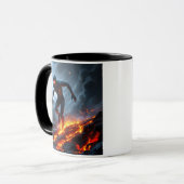 Superheld door een lavasveld. mok (Voorkant links)