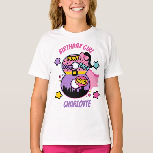 Superheld Eight Birthday Girl 8ste Super Girl T-shirt (Voorkant)