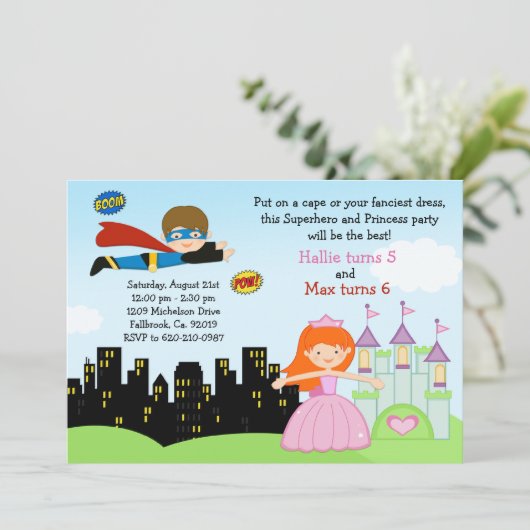 Superheld en prinses Birthday Party Invitation Kaart (Staand voorkant)