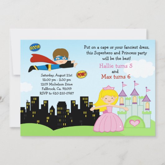 Superheld en prinses Birthday Party Invitation Kaart (Voorkant)