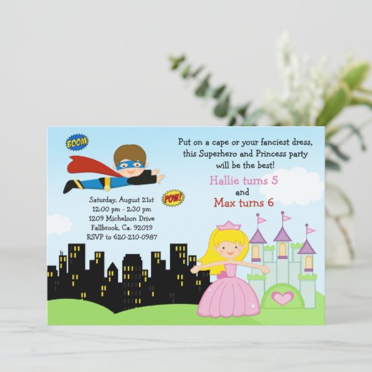 Superheld en prinses Birthday Party Invitation Kaart (Staand voorkant)