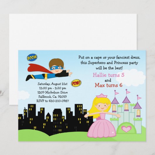 Superheld en prinses Birthday Party Invitation Kaart (Voorkant / Achterkant)