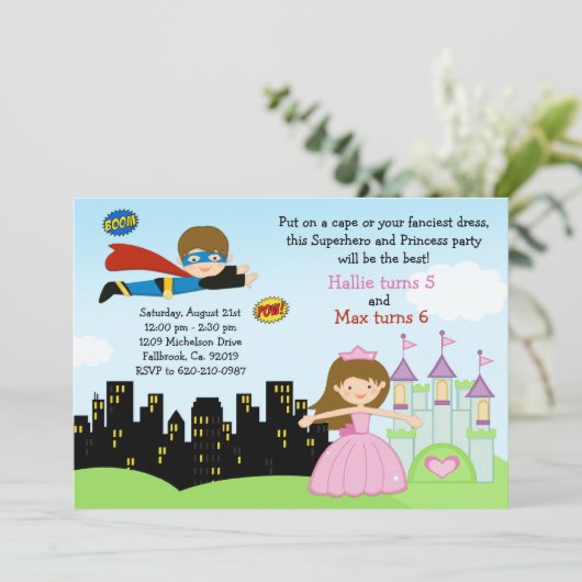Superheld en prinses Birthday Party Invitation Kaart (Staand voorkant)