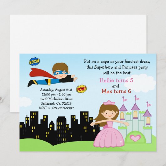 Superheld en prinses Birthday Party Invitation Kaart (Voorkant / Achterkant)