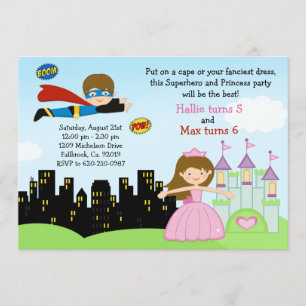 Superheld en prinses Birthday Party Invitation Kaart