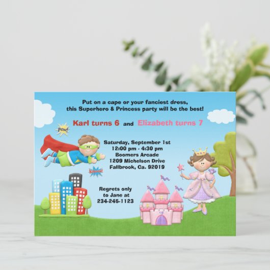 Superheld en prinses Birthday Party Invitation Kaart (Staand voorkant)
