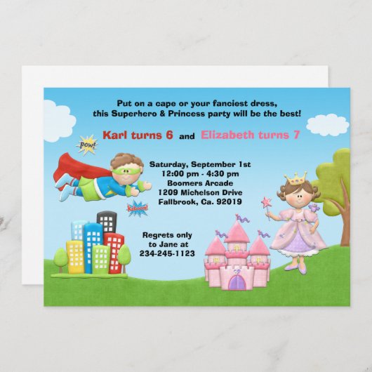 Superheld en prinses Birthday Party Invitation Kaart (Voorkant / Achterkant)