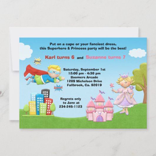Superheld en prinses Birthday Party Invitation Kaart (Voorkant)