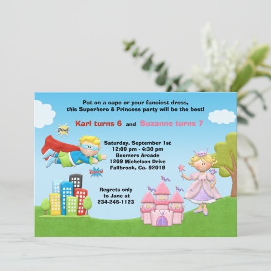 Superheld en prinses Birthday Party Invitation Kaart (Staand voorkant)