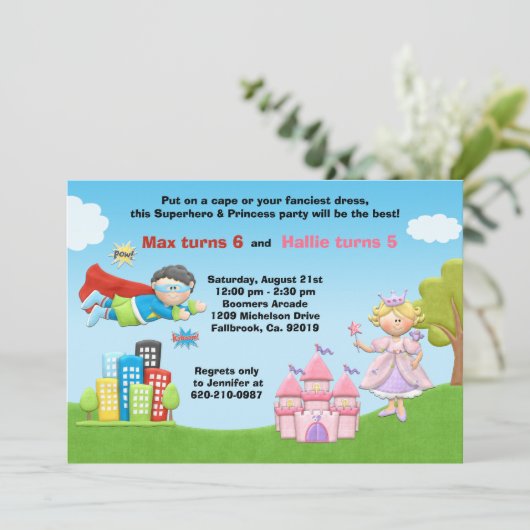 Superheld en prinses Birthday Party Invitation Kaart (Staand voorkant)