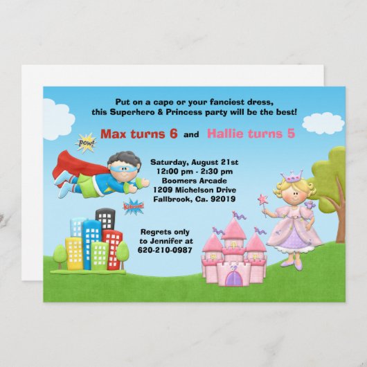 Superheld en prinses Birthday Party Invitation Kaart (Voorkant / Achterkant)