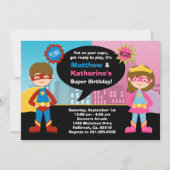 Superheld en Super Girl Birthday Party Invitation Kaart (Voorkant)