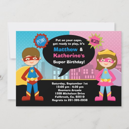 Superheld en Super Girl Birthday Party Invitation Kaart (Voorkant)