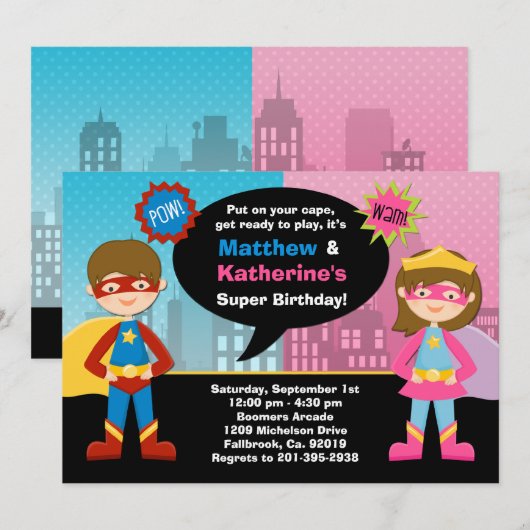 Superheld en Super Girl Birthday Party Invitation Kaart (Voorkant / Achterkant)