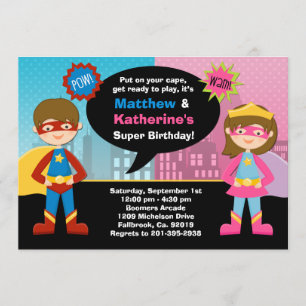 Superheld en Super Girl Birthday Party Invitation Kaart
