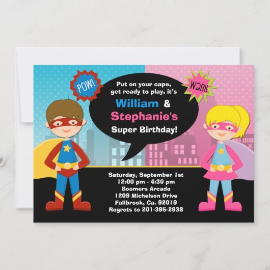 Superheld en Super Girl Birthday Party Invitation Kaart (Voorkant)