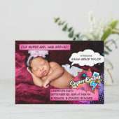 Superheld geboorteaankondigingskaart, SuperBABY ro Aankondiging (Staand voorkant)