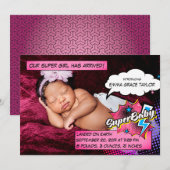 Superheld geboorteaankondigingskaart, SuperBABY ro Aankondiging (Voorkant / Achterkant)