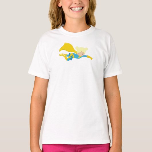 Superheld Girl, Blonde Hair, Hero, gele cape T-shirt (Voorkant)