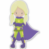 Superheld Girl, Blonde Hair, Hero, Paarse Cape Sticker (Voorkant)