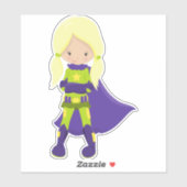 Superheld Girl, Blonde Hair, Hero, Paarse Cape Sticker (Vel)