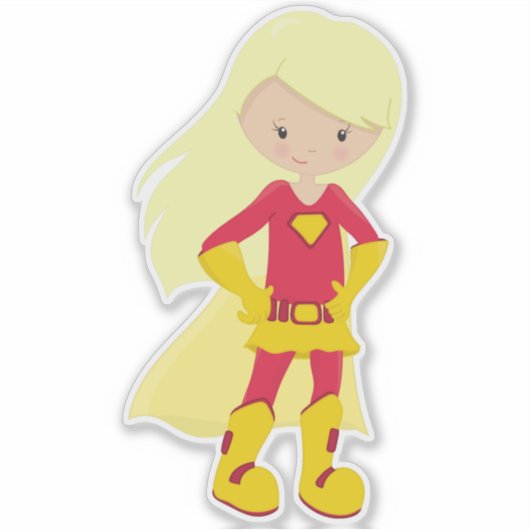 Superheld Girl, Blonde Hair, Hero, Red Costume Sticker (Voorkant)