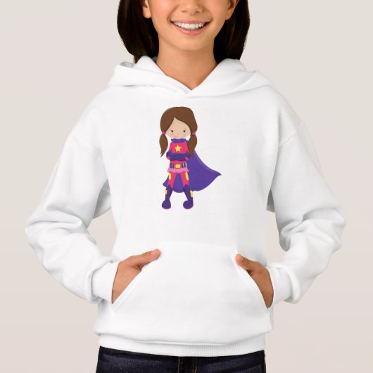 Superheld Girl, Brown Hair, Cute Girl, Paarse Cape (Voorkant)