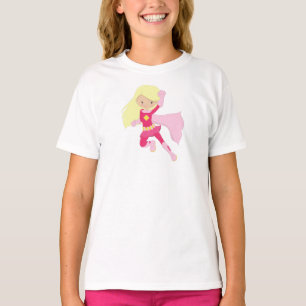 Superheld Girl, Cute Girl, Blonde Hair, Roze Cape T-shirt