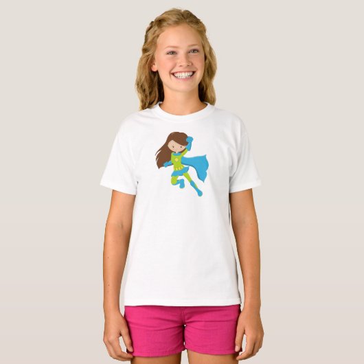 Superheld Girl, Cute Girl, Brown Hair, Blue Cape T-shirt (Voorkant volledig)