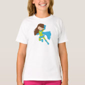 Superheld Girl, Cute Girl, Brown Hair, Blue Cape T-shirt (Voorkant)