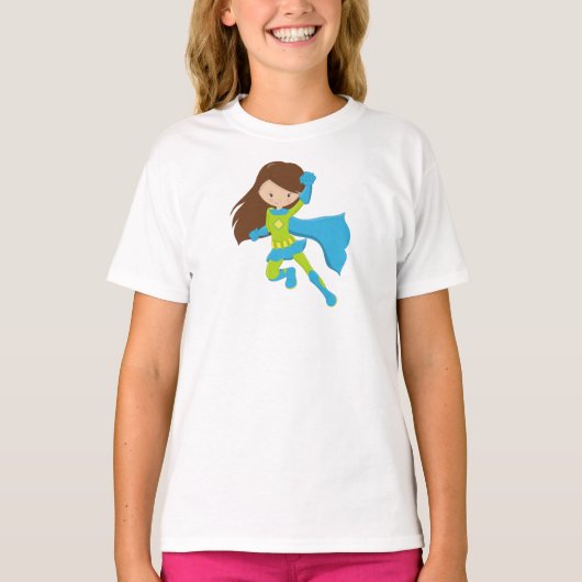 Superheld Girl, Cute Girl, Brown Hair, Blue Cape T-shirt (Voorkant)