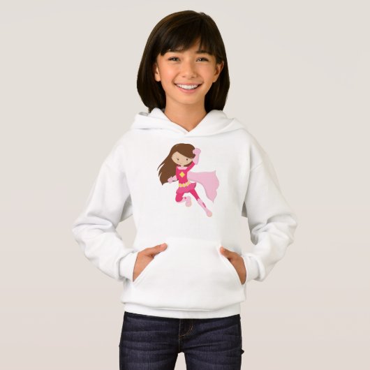 Superheld Girl, Cute Girl, Brown Hair, Roze Cape (Voorkant volledig)