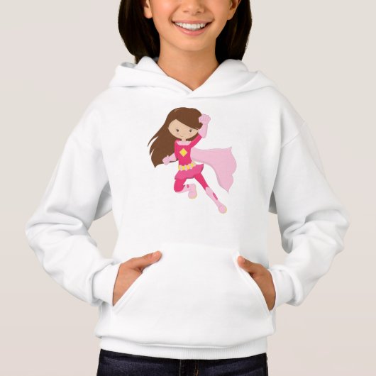 Superheld Girl, Cute Girl, Brown Hair, Roze Cape (Voorkant)