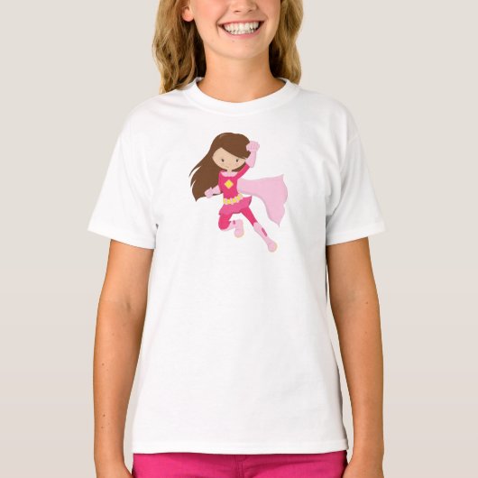 Superheld Girl, Cute Girl, Brown Hair, Roze Cape T-shirt (Voorkant)