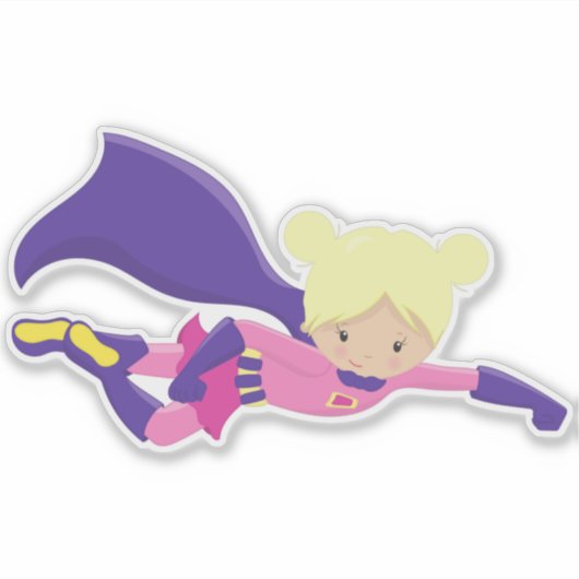 Superheld Girl, Hero, Blonde Hair, Paarse Cape Sticker (Voorkant)