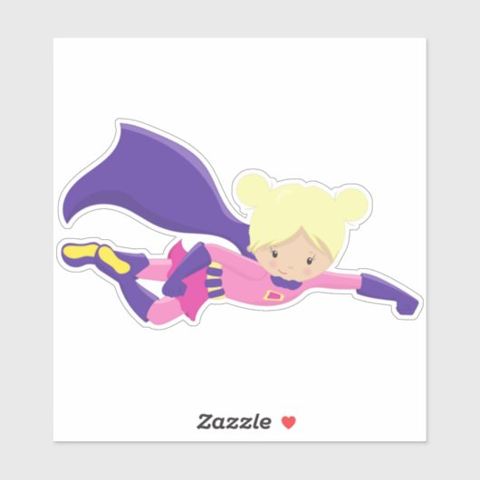 Superheld Girl, Hero, Blonde Hair, Paarse Cape Sticker (Vel)