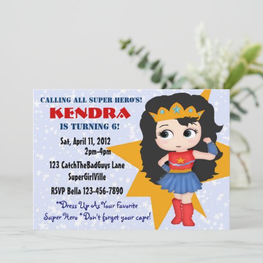 Superheld Girl Invitation Kaart (Staand voorkant)