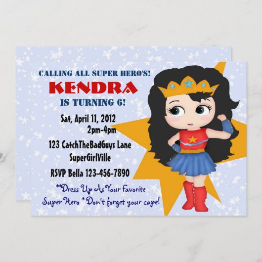 Superheld Girl Invitation Kaart (Voorkant / Achterkant)