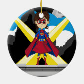 Superheld Girl op Rooftop Keramisch Ornament (Achterkant)