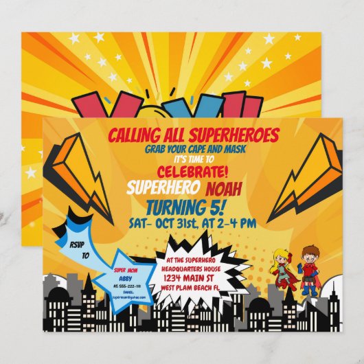 Superheld Halloween Cartoon Comic Invitation Kaart (Voorkant / Achterkant)